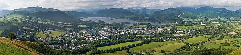 A panoramic view of Keswick, Derwentwater and the surrounding fells, as viewed from Latrigg, north of the town