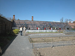 Empty garden beds are in the foreground, while greenhouses run across the background