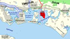 Thorney Island in red amongst the three harbours